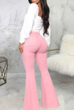 Pink Fashion Street Solid High Waist Denim Jeans