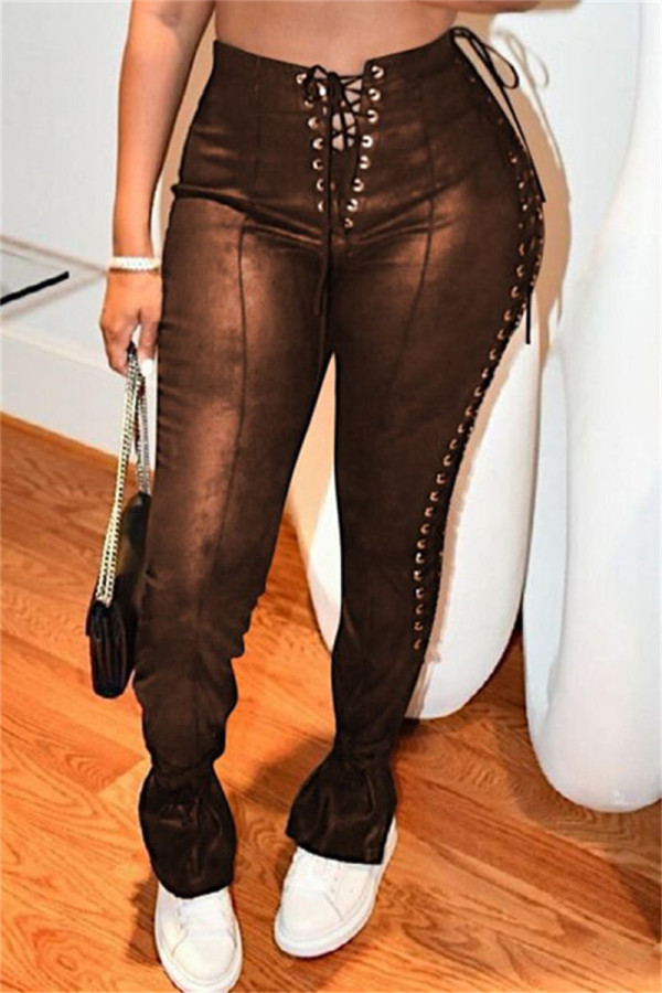 Brown Fashion Casual Solid Bandage Skinny High Waist Pencil Trousers