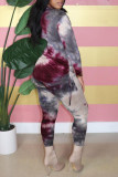 Purple Casual Print Patchwork Draw String Fold O Neck Long Sleeve Two Pieces