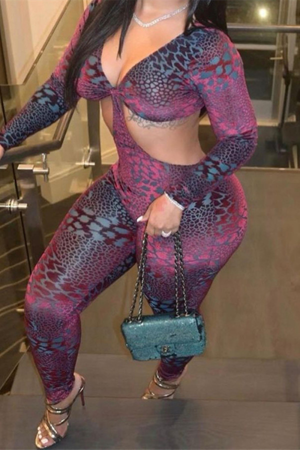 Purple Fashion Sexy Print Hollowed Out V Neck Skinny Jumpsuits