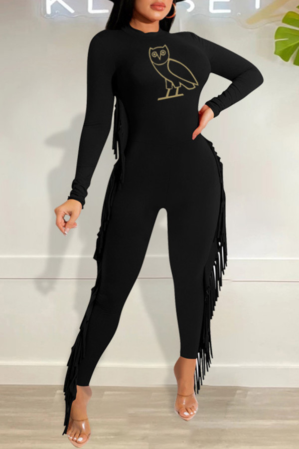 Black Fashion Casual Print Tassel O Neck Skinny Jumpsuits