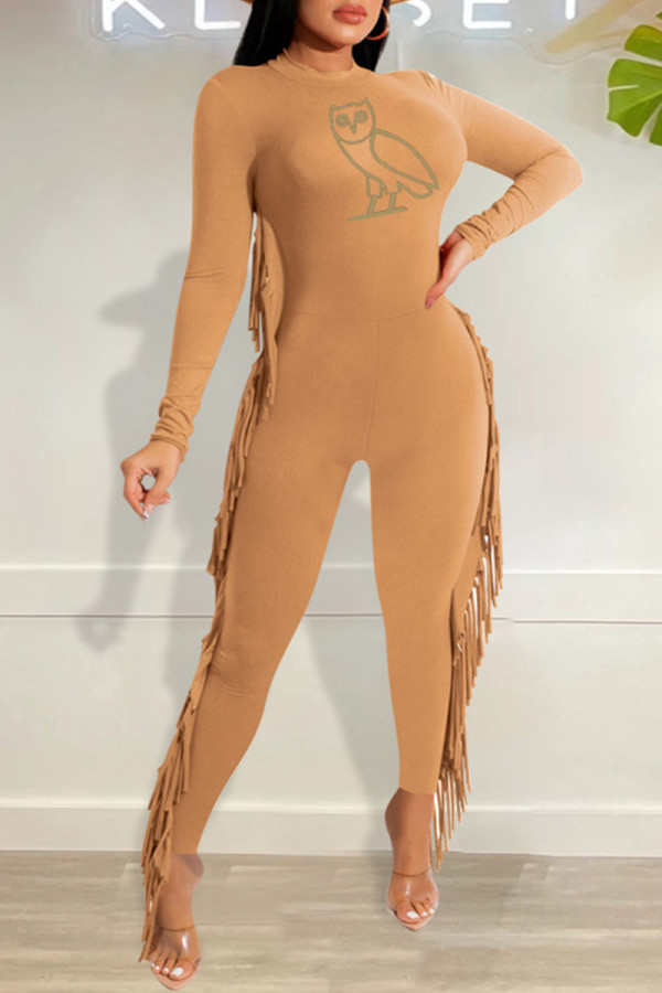 Khaki Fashion Casual Print Tassel O Neck Skinny Jumpsuits