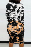 Black Sexy Print Patchwork O Neck Pencil Skirt Dresses