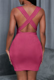 Pink Fashion Casual Solid Backless V Neck Sleeveless Dress