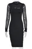 Black Fashion Sexy Patchwork See-through O Neck Long Sleeve Dresses