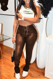 Brown Fashion Casual Solid Bandage Skinny High Waist Pencil Trousers