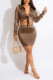 Brown Sexy Solid Bandage Patchwork Turndown Collar Long Sleeve Two Pieces