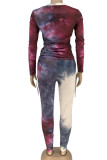 Purple Casual Print Patchwork Draw String Fold O Neck Long Sleeve Two Pieces