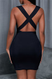 Pink Fashion Casual Solid Backless V Neck Sleeveless Dress