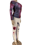 Purple Casual Print Patchwork Draw String Fold O Neck Long Sleeve Two Pieces