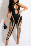 Black Sexy Print Hollowed Out Patchwork Halter Skinny Jumpsuits