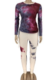Purple Casual Print Patchwork Draw String Fold O Neck Long Sleeve Two Pieces