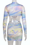 Multicolor Fashion Sexy Print Hollowed Out Asymmetrical Half A Turtleneck Long Sleeve Dresses