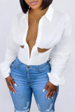 White Fashion Sexy Solid Hollowed Out Turndown Collar Skinny Romper