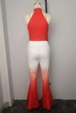 Red Sexy Casual Gradual Change Print Hollowed Out Turtleneck Sleeveless Two Pieces