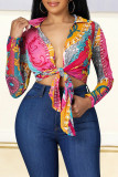 Pink Fashion Casual Print Bandage Turndown Collar Tops