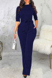 Deep Blue Casual Solid Patchwork With Belt Half A Turtleneck Straight Jumpsuits