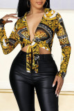 Pink Fashion Casual Print Bandage Turndown Collar Tops