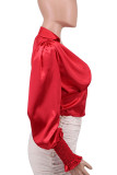 Red Casual Solid Split Joint Fold Zipper V Neck Tops