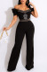 Black Fashion Sexy Print Patchwork Off the Shoulder Jumpsuits