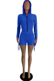 Blue Casual Sportswear Solid Draw String Frenulum Hooded Collar Long Sleeve Two Pieces