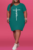 Green Fashion Casual Print Basic V Neck Short Sleeve Dress