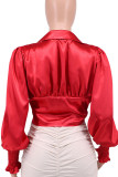 Red Casual Solid Split Joint Fold Zipper V Neck Tops