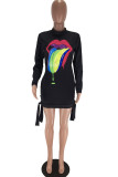 Black Fashion Casual Lips Printed Basic Half A Turtleneck Long Sleeve Dresses