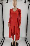 Red Casual Solid Patchwork U Neck Sleeveless Three Pieces