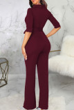 Deep Blue Casual Solid Patchwork With Belt Half A Turtleneck Straight Jumpsuits