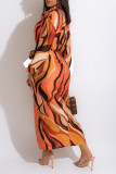 Brown Casual Print Patchwork Buckle With Belt Turndown Collar Shirt Dress Dresses