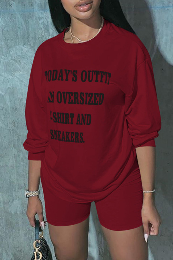 Burgundy Fashion Casual Letter Print Basic O Neck Short Sleeve Two Pieces