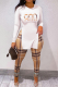 Coffee Casual Print Slit Letter O Neck Long Sleeve Two Pieces