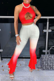 Red Sexy Casual Gradual Change Print Hollowed Out Turtleneck Sleeveless Two Pieces