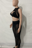 Black Sexy Solid Hollowed Out Patchwork See-through O Neck Sleeveless Two Pieces