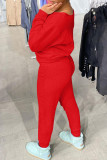 Red Fashion Casual Solid Basic O Neck Long Sleeve Two Pieces