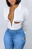 White Fashion Sexy Solid Hollowed Out Turndown Collar Skinny Romper