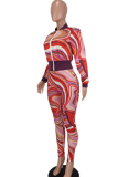Tangerine Red Sexy Print Patchwork Zipper Collar Long Sleeve Two Pieces