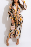 Brown Casual Print Patchwork Buckle With Belt Turndown Collar Shirt Dress Dresses