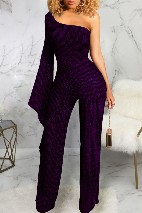 Purple Sexy Solid Patchwork Asymmetrical Oblique Collar Straight Jumpsuits