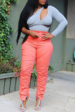 Orange Fashion Casual Solid Patchwork Fold Regular High Waist Trousers