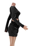 Black Sexy Solid Patchwork Fold Asymmetrical Oblique Collar One Step Skirt Dresses