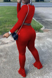 Red Fashion Casual Solid Basic V Neck Long Sleeve Two Pieces
