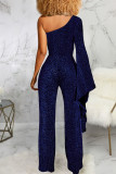 Blue Sexy Solid Patchwork Asymmetrical Oblique Collar Straight Jumpsuits