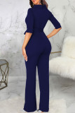 Deep Blue Casual Solid Patchwork With Belt Half A Turtleneck Straight Jumpsuits