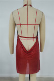 Red Fashion Sexy Patchwork Backless Slit Halter Sleeveless Dress