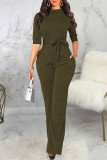 Deep Blue Casual Solid Patchwork With Belt Half A Turtleneck Straight Jumpsuits