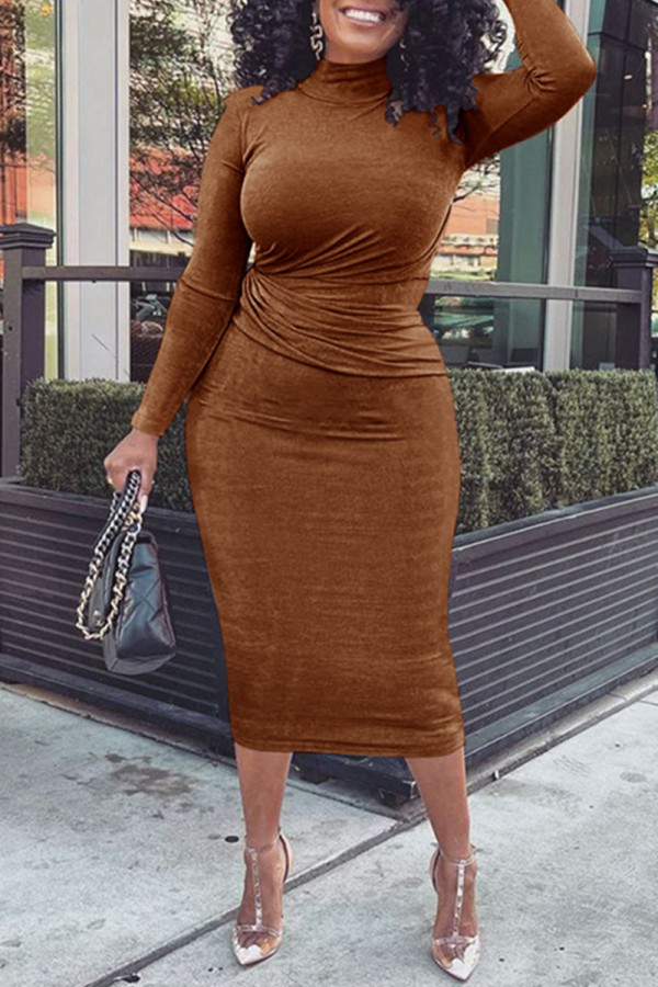 Brown Fashion Solid Basic Turtleneck Long Sleeve Dresses