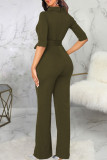 Deep Blue Casual Solid Patchwork With Belt Half A Turtleneck Straight Jumpsuits