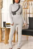 Light Gray Fashion Casual Solid Fold Turtleneck Long Sleeve Two Pieces